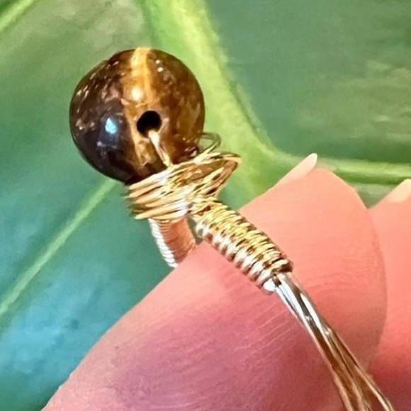 Hand Crafted Jewelry - Gold toned Wire wrapped Tigers Eye Ring Handcrafted